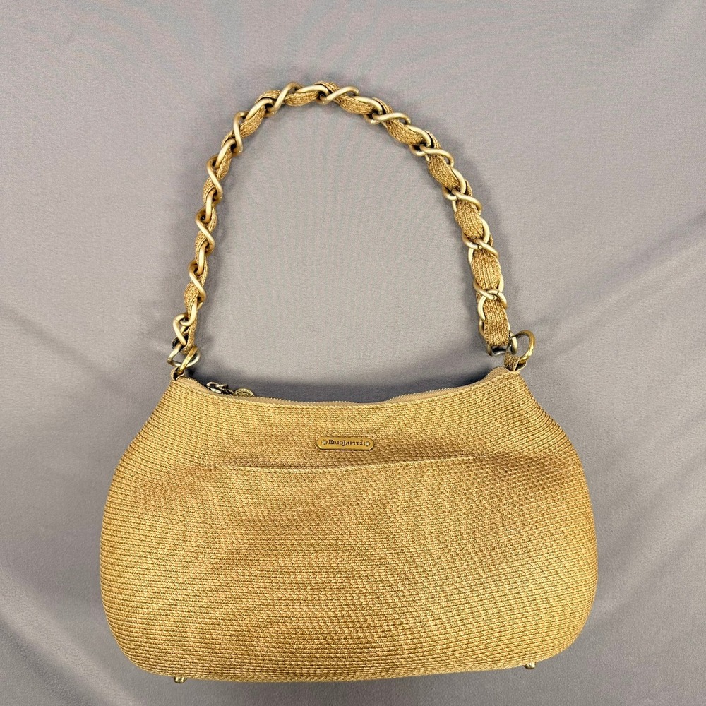 Eric Javits Squishee Shoulder Bag Woven Straw Tan Gold Chain Strap Small Handbag
